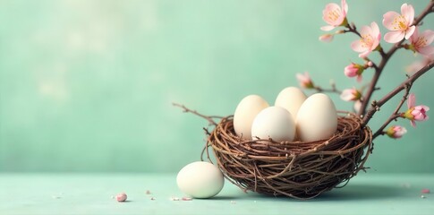 A delicate nest cradles pristine oval shapes beside blooming branches, a symbol of renewal and gentle beginnings