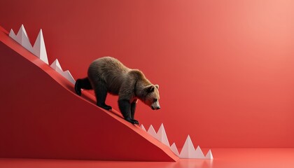 Brown bear descends red incline with white peaks. Represents bear market, economic decline, stock price fall, financial crisis, investment loss. Market downturn, recession fears, bearish trends in