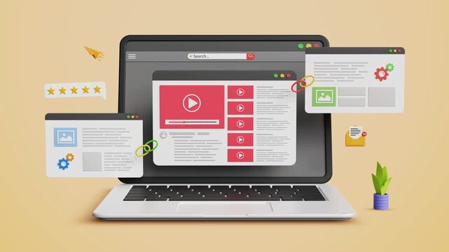 Video Content Backlink Building, Leading Links, Organic Growth Strategy, Backlink SEO, Website Advertising, improving Search Engine Visibility. Laptop with Website Page Linked to Other Sites. 3D Video