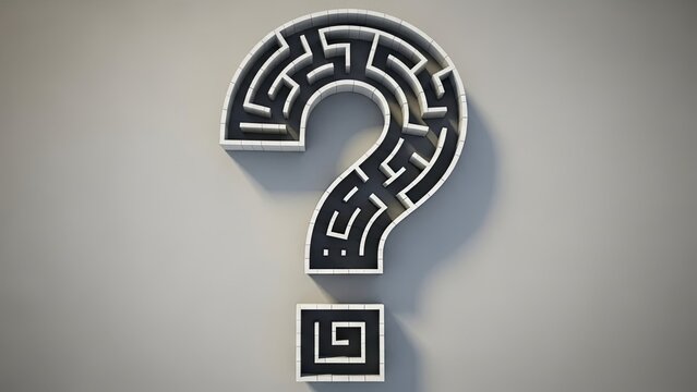 A three-dimensional question mark symbol with a complex maze pattern inside, casting a shadow on a light grey wall, representing mystery and problem-solving.