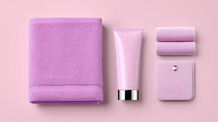 Purple Towel and Skincare Products on Pink Background
