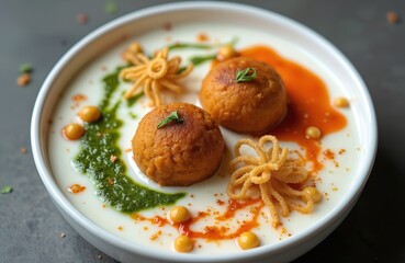 Traditional Indian Dahi Bhalla chaat street food presented beautifully. Soft fried lentil balls soak in creamy yogurt. Garnished with vibrant green chutney, tangy red sauce, crispy crunchy fried