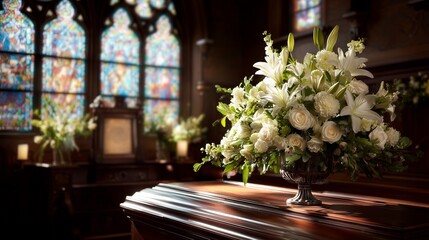 Elegant White Funeral Flowers Arranged on Wooden Casket Inside Church with Soft Light and Stained Glass Creating Respectful Memorial and Remembrance Scene