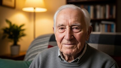 Elderly male in thoughtful mood at home with warm lighting