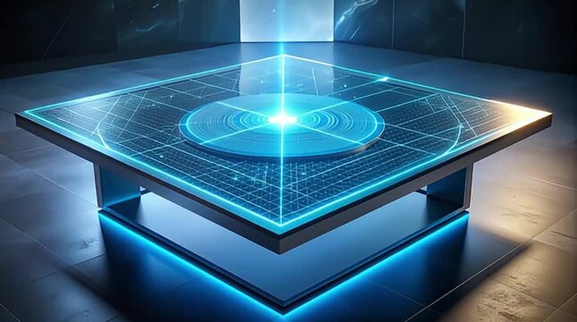 A futuristic glowing blue display table with a digital grid and central data element, perfect for conveying advanced technology, science, and digital concepts in a sleek, modern setting.