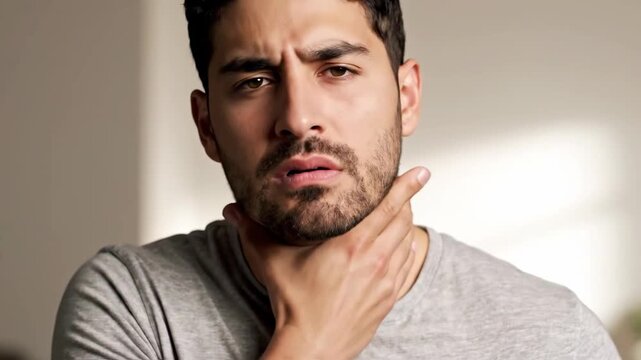 Man Experiencing Vocal Distress and Physical Discomfort in Series of Photographs