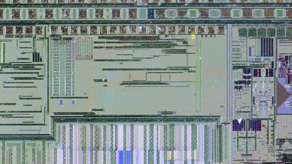 Microchip integrated circuit architecture under microscope