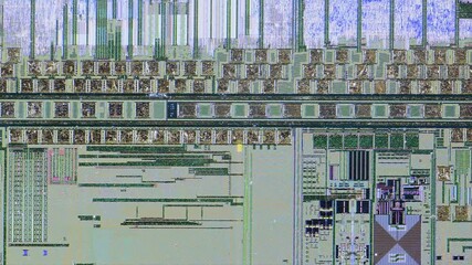 Microchip integrated circuit architecture under microscope