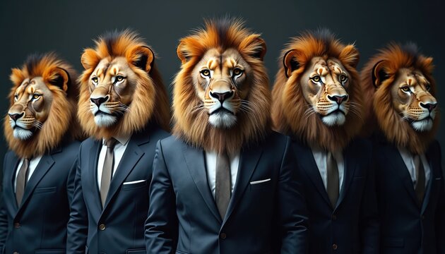 Five men with lion heads wear dark suits, ties. They stand in row against dark background. Businessmen have strong expressions. Lion heads symbolize strength, leadership. Men look confident, fierce. - Powered by Adobe