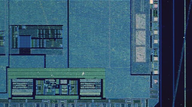 Microchip integrated circuit architecture under microscope