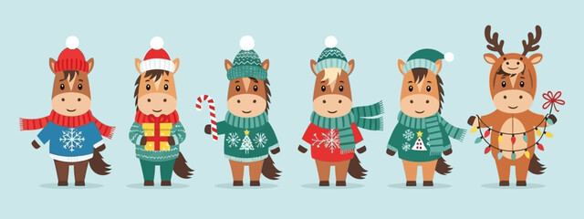 Cute cartoon horses dressed in festive holiday sweaters and hats, ready for winter celebrations