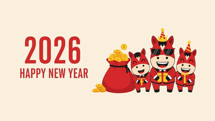 2026 Happy New Year Celebration Adorable Cartoon Horse Characters and Golden Coins