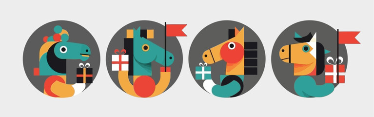 Playful flat graphic icons stylized horses celebrating with festive gifts and flags for joyful projects