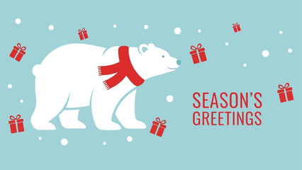 Seasons Greetings Polar Bear with Gifts in Winter Background Illustration © your picture