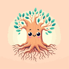 Cute cartoon illustration of a tree with roots