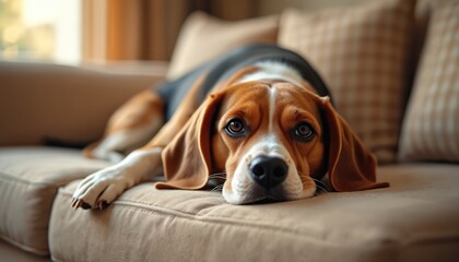 Beagle dog lounges on comfy couch indoors. Pet rests on sofa with pillows. Animal looks relaxed, warm home environment. Domestic canine companion enjoys quiet time.