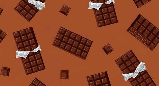 A seamless pattern of delicious dark chocolate bars and squares scattered on a warm brown background, evoking a sense of indulgence and sweetness