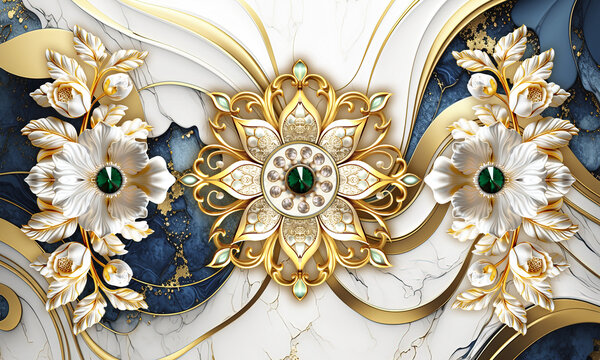 marble gold mandala white flovers