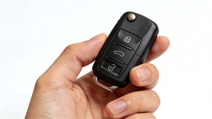 Hand holding a black car key fob