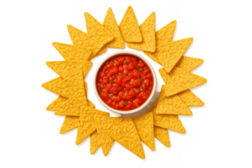 Tortilla chips surrounding a small bowl of spicy salsa, presenting a vibrant and savory snack for parties or events