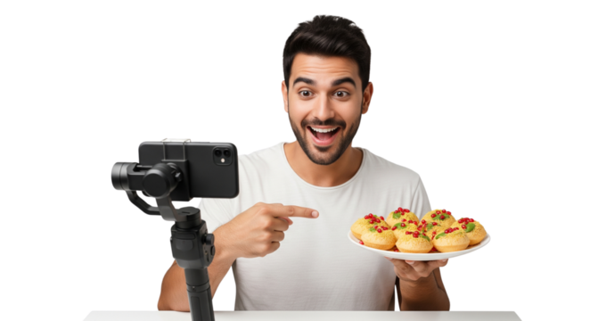 Man excitedly records food content on his phone and points at snacks.