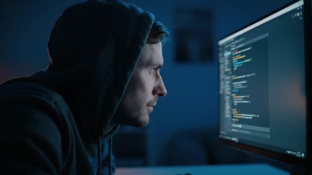 Programmer types code on monitor. Focused coder reviews software. Night developer studies programming on screen. Hoodie silhouette watches glowing monitor. Concentrated coding solves problem at desk.
