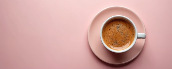 Top view of coffee cup with foam on pink background with copy space. It is aromatic drink. Mug stands on saucer. Minimal shot for food blogging or lifestyle.