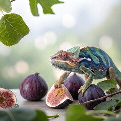 A colorful chameleon sitting near ripe figs with a graceful soft background