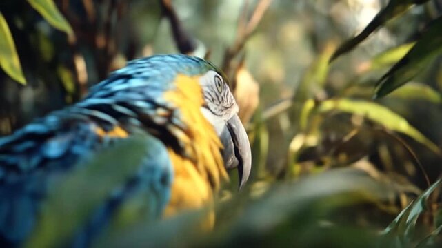 Close up of a vibrant macaw parrot with striking blue and yellow plumage