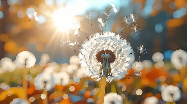 A vibrant dandelion seed head, backlit by a warm sunburst, gently releases its delicate pappus into a soft, blurred background of golden and blue bokeh, symbolizing hope and new beginnings.