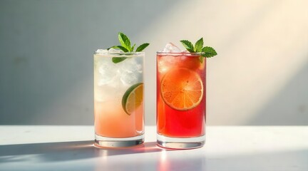 Naklejka premium Refreshing beverages with citrus and mint garnishes, chilled with ice, presented in elegant glassware, evoke a sense of pleasant refreshment