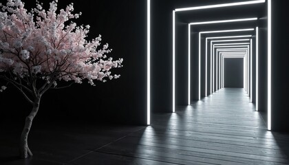 Cherry tree blooms near illuminated tunnel with geometric neon lights. Dark background and wood floor. Abstract art concept. Modern tech style. Future ideas. Digital design for banners or posters.