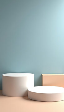 Minimalist product display podium with geometric shapes against a soft blue wall