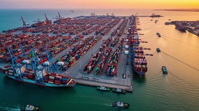 Aerial view of shipping container port terminal. Colourful pattern of containers in harbor. Maritime logistics global inport export trade transportation.