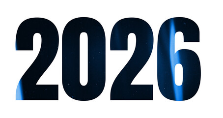 Bold blue 2026 Numerals with Futuristic Glow . symbolizing a vibrant New Year celebration. The design reflects a festive spirit and anticipation On a transparent background