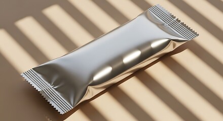 A silver foil snack bar wrapper with diagonal shadow lines casting across it on a neutral background