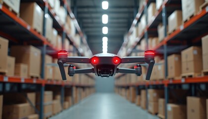 Autonomous drone navigates modern warehouse aisles. Robotic technology scans storage shelves filled with boxes. Futuristic logistic system manages cargo delivery and inventory.