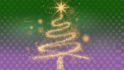 Abstract christmas tree forming from golden particles on green and purple polka-dot background