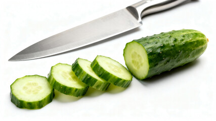 Fresh Cucumber Slices with a Kitchen Knife on White Background