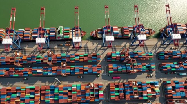 Aerial view of shipping container port terminal. Colourful pattern of containers in harbor. Maritime logistics global inport export trade transportation.