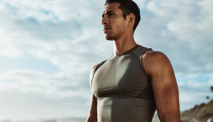 Confident, fit adult male of mixed heritage in activewear outdoors, perfect for a dynamic fitness apparel mockup or promoting a healthy, strong lifestyle