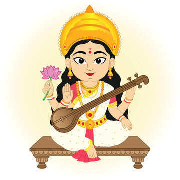 Goddess Saraswati mata with her sitar, lotus 