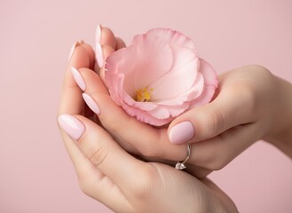 Delicate Woman Hands Holding Soft Pink Flower with Pastel Pink Background and Subtle Lighting