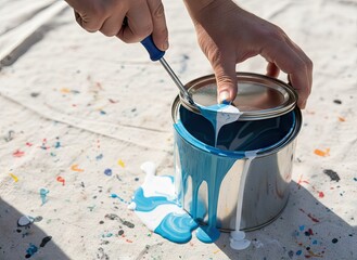 Obraz premium Close up of a person's hands using a paint roller to mix blue and white paint from a metal can on a drop cloth with paint splatters
