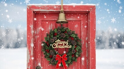 Snowflakes falling on a festive red door adorned with a traditional Merry Christmas wreath and a hanging bell