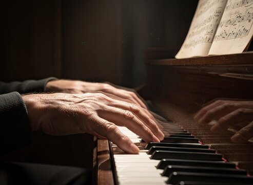 Close Up Of Aged Hands Playing A Grand Piano With Sheet Music Visible In Dim Warm Lighting - Powered by Adobe