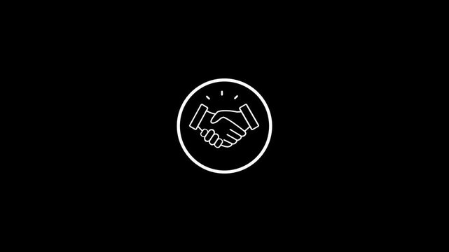 Handshake, icon business, shaking hands, micro animation, illustration video cartoon clipart. Success, deal, agreement, contract, trade. Black and white, outline, contour, lines, line, alpha channel 