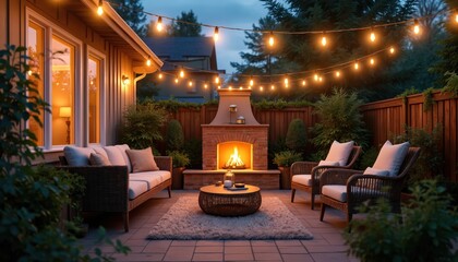 Cozy backyard patio at night with glowing string lights overhead. Brick fireplace burns, creating warm inviting ambiance. Comfortable outdoor sofa, wicker chairs, coffee table invite relaxation for