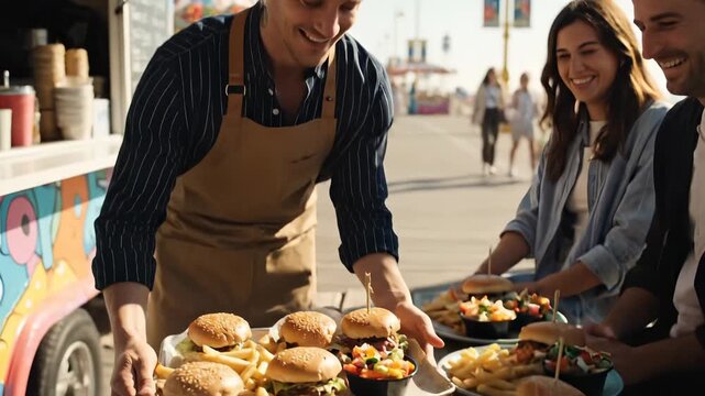 Server carries plates of burger and french fry along boardwalk. Group shares lunch at outdoor table. Sunlit pier and beach frame food stall scene. Fresh food and plate of fries bring smiles. People.