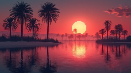 Serene sunset landscape with palm trees silhouetted against a vibrant red sky reflected in calm water